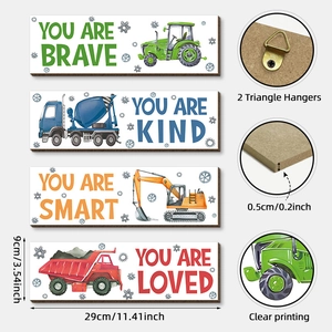 Set of four wooden wall signs for kids with construction vehicles and inspirational quotes