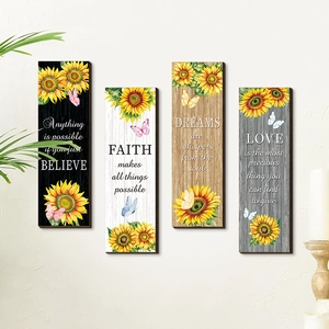 Set of 4 rustic wooden sunflower wall art signs with butterfly and motivational quotes