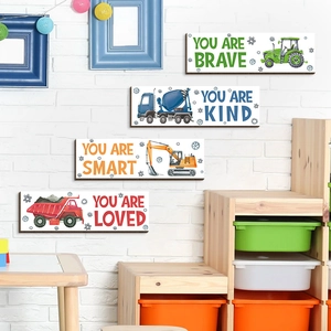 Set of 4 motivational construction truck wood wall art for boys bedroom decor