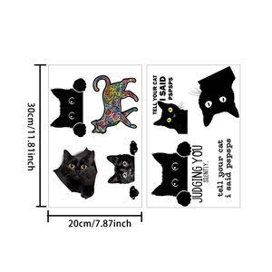 Detailed size chart for waterproof black cat stickers with funny judging quotes