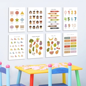 Affiches éducatives pour enfants avec couleurs formes et nombres aux tons pastel doux
