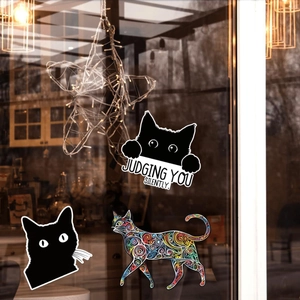 Funny black cat peeking window stickers set with Judging You Silently text for home car