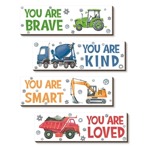 Watercolor set of 4 construction vehicle wall art signs with inspirational boy room quotes