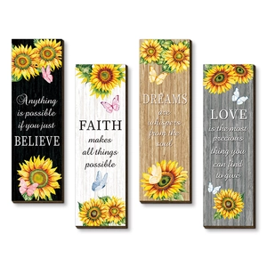 Set of 4 rustic wooden sunflower wall plaques with butterflies and inspirational quotes