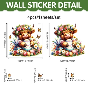 Detailed dimensions of Easter Highland Cow wall stickers and colorful butterfly decals