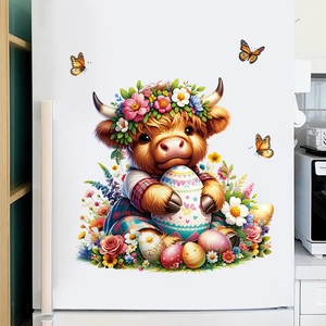 Cartoon Highland Cow Easter wall sticker with colorful floral wreath and painted egg