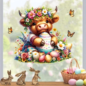 Easter highland cow wall decal with floral wreath and colorful egg on window glass