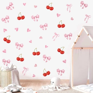 Bohemian style cherry and pink bow wall stickers for girls' bedroom wall decor