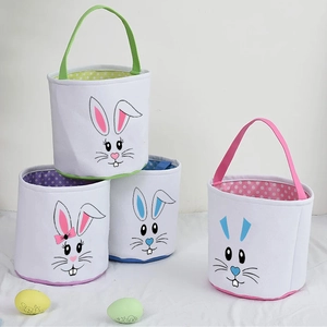 Easter canvas bucket set with cute bunny faces and colorful polka dot lining for egg hunts
