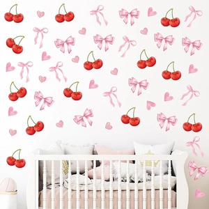 Bohemian Style Cherry Pink Bow Heart Wall Stickers Waterproof PVC DIY Decal For Girls Room Nursery Home Decor