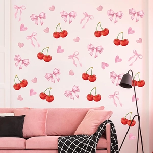 Bohemian style wall stickers with pink bows, red cherries, and hearts for girl's bedroom