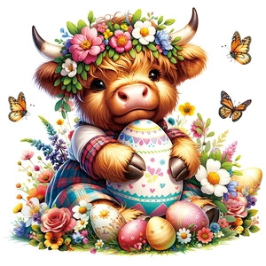 Cartoon Easter wall sticker featuring Highland cow with flower crown and colorful eggs