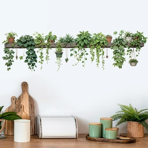 Green potted plant wall stickers on vintage wooden shelf for kitchen home decor