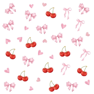 Bohemian style wall stickers featuring red cherries, pink bows and hearts on white background