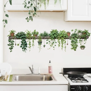 Self-adhesive PVC wall decal featuring green potted plants on wooden shelves for kitchen