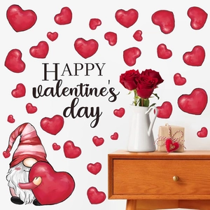 Valentinstag Wandsticker mit Gnom, roten Herzen und Happy Valentine's Day Schriftzug