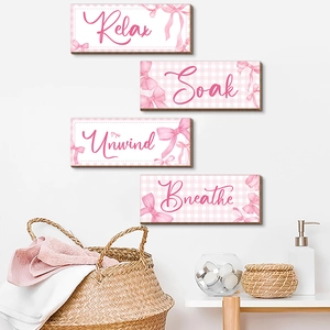 Décoration Murale en Bois Plaid Rose Bohème Avec Nœud Relax Soak Unwind Breathe Art Suspendu pour Salle de Bain Chambre