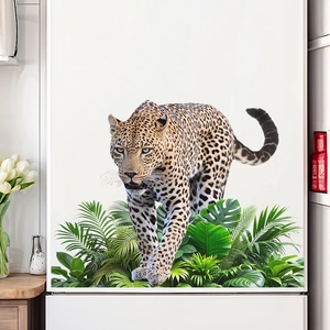 Realistic leopard and tropical leaves wall sticker for home decoration on white surface