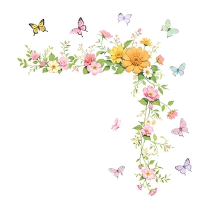 Self-adhesive floral wall sticker featuring sunflowers and colorful butterflies in L-shape