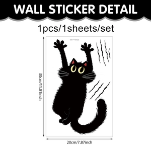 Detailed view of black cartoon cat wall sticker with scratch marks and dimensions