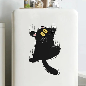Cute black cat wall sticker with yellow eyes and scratch marks for bathroom or fridge
