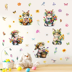 Detailed view of cute Easter bunnies and floral wall stickers for window decoration