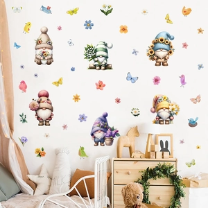 Spring garden gnome wall stickers set with butterflies and floral motifs for home decoration