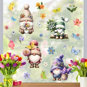 Cartoon Gnome Spring Flower Window Stickers PVC Self-Adhesive Wall Decals For Bedroom Living Room Home Decoration