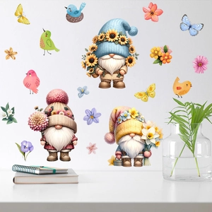 Cartoon gnome wall stickers with colorful flower and bird decorations for spring home decor