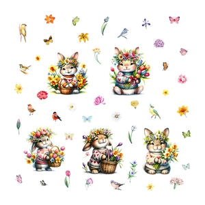 Cartoon Easter bunny window stickers with colorful flowers and butterflies for home decor