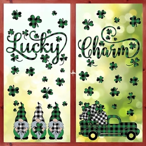 St. Patrick's Day window decals with lucky gnomes and clover designs on glass