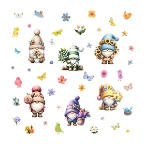 Spring gnome window stickers with floral patterns and colorful hats for home decoration