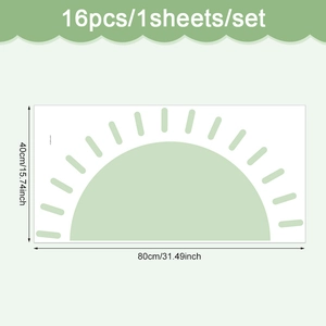 Detail of 80x40cm green sun wall sticker with dimensions and 16-piece set overview