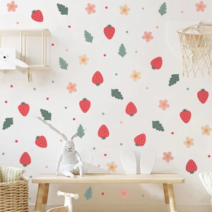 Creative strawberry wall stickers set with green leaves and flowers for room decoration