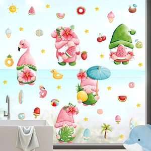 Summer beach gnomes window stickers featuring flamingos, watermelon, and ice cream decals