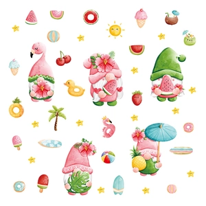 Summer gnome window stickers set with watercolor pineapples and watermelons