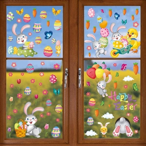 Adesivi pasquali per finestre con coniglietti, uova colorate e scritta Happy Easter