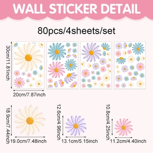 Detailed size chart for 80-piece daisy wall stickers in pastel macaron colors