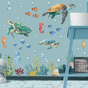 Adesivi murali creature marine con tartaruga e pesci per decorazione camera bambini