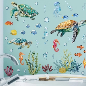 Adesivi da Parete Animali Marini Acquerello PVC Autoadesivi Decalcomanie Vita Marina Con Tartarughe Pesci Coralli Per Cameretta Bambini Asilo Bagno Arredamento