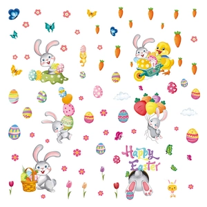 Set di adesivi murali di Pasqua con coniglietti, uova colorate e scritta Happy Easter