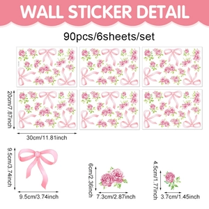 Pink bow and rose flower wall stickers set with 90 pieces for nursery room decor
