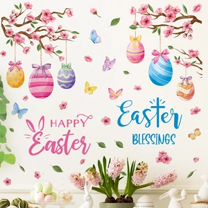 Happy Easter wall decal with pastel eggs, cherry blossom branches, and butterfly stickers