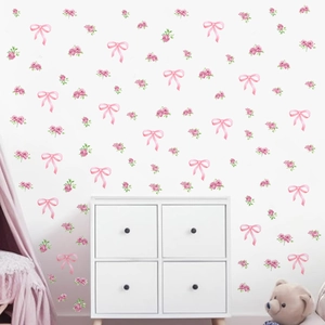 Pink bow and rose floral PVC wall stickers for kids' room wall and window decoration