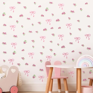 Pink bow and rose flower wall decals for girls' bedroom nursery wall decoration