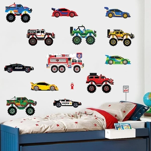 Coole Cartoon Rennwagen Wandaufkleber Für Jungen Schlafzimmer PVC Kinderzimmer Deko Polizei Feuerwehr Monster Truck Wandtattoos