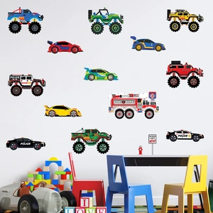 Cartoon Rennwagen und LKW Wandaufkleber für Jungenzimmer und Kinderzimmer Wanddeko