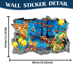 Détail du sticker mural 3D sous-marin affichant les dimensions 60x40cm et le récif