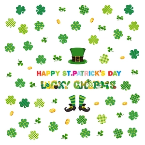 St. Patrick's Day window stickers with green shamrocks, lucky hats, and gold coins