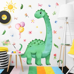 Cartoon green dinosaur wall sticker with leaves and balloons for kids room decoration